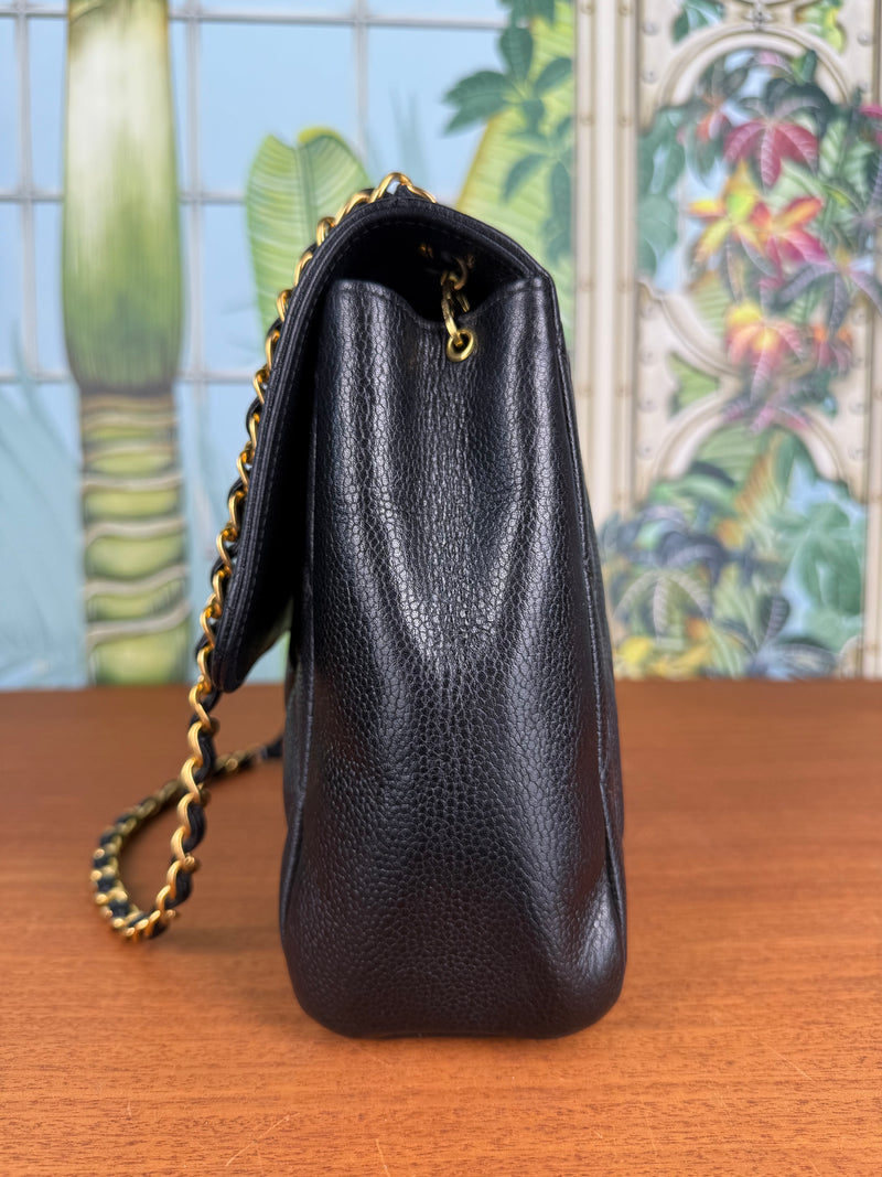 Chanel classic black square flap bag quilted caviar