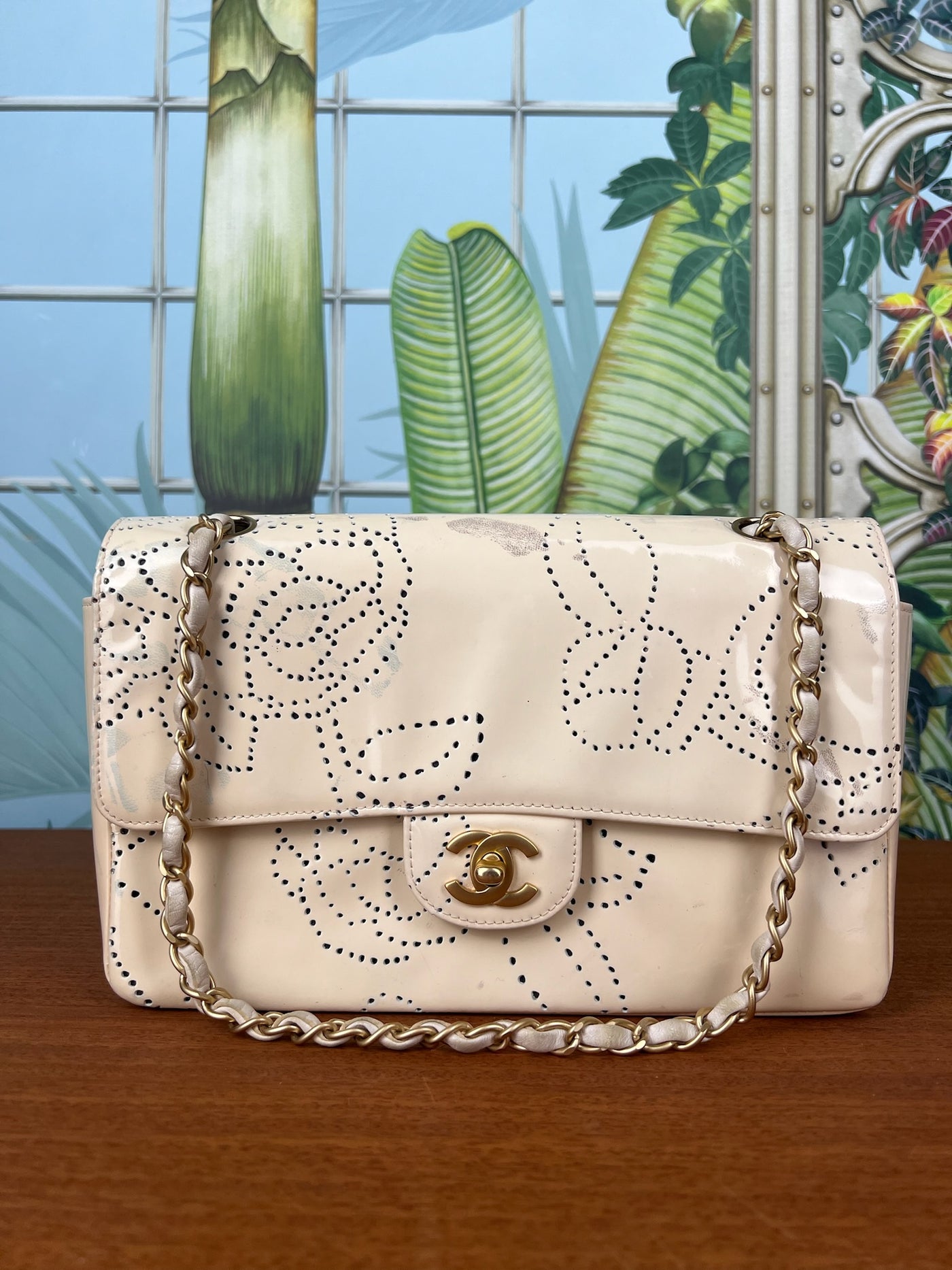 Chanel flap bag patent leather perforated camellia flowers x Karl