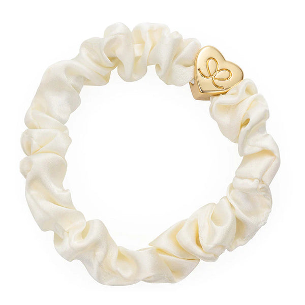 By Eloise Gold Heart Silk Scrunchie cream