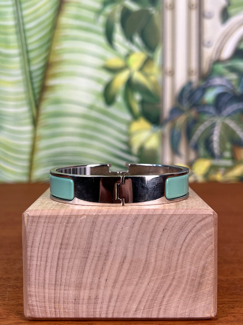 Hermès clic H bracelet vert aqua palladium plated