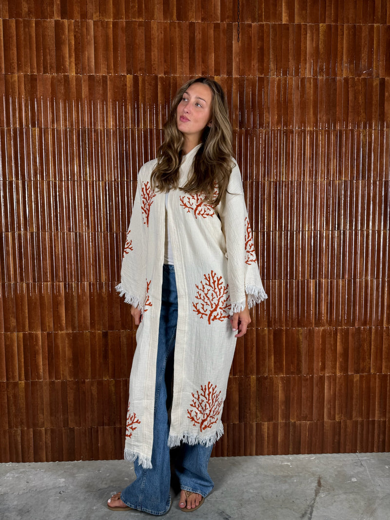 Amca cotton kaftan corallium red