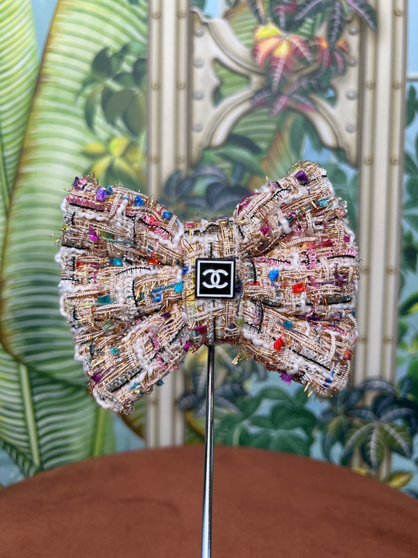 Repurposed hair clip bow CC tweed multicolor