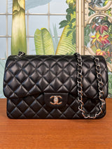 Chanel double flap bag jumbo black lambskin, silver hardware