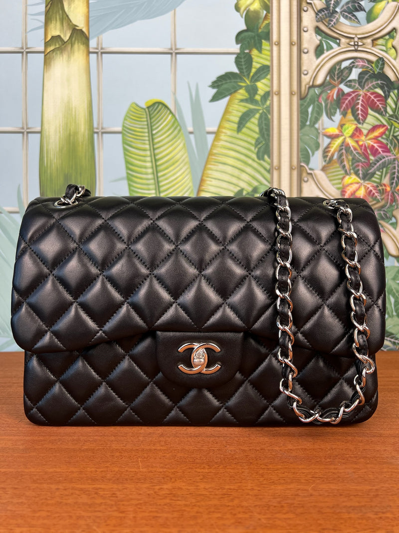 Chanel double flap bag jumbo black lambskin, silver hardware