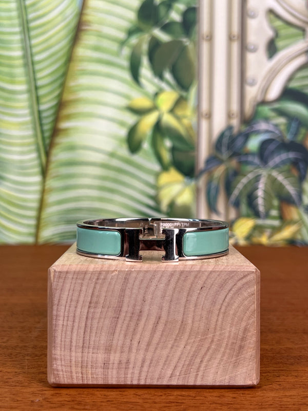 Hermès clic H bracelet vert aqua palladium plated