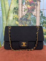 Chanel double flap bag jersey/leather combo black