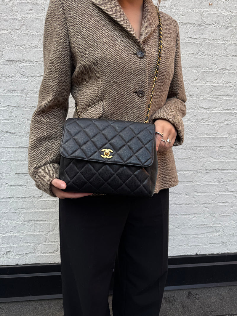 Chanel classic black square flap bag quilted caviar
