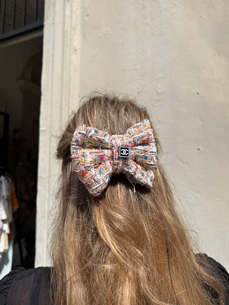 Repurposed hair clip bow CC tweed multicolor