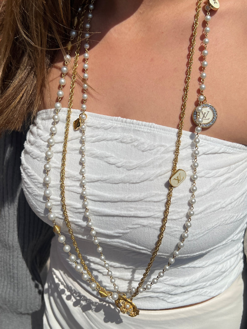 Repurposed LV long pearl Necklace