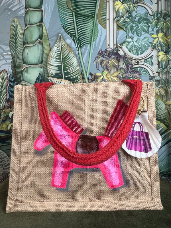 Painted Hermés rodeo horse Jute handbag