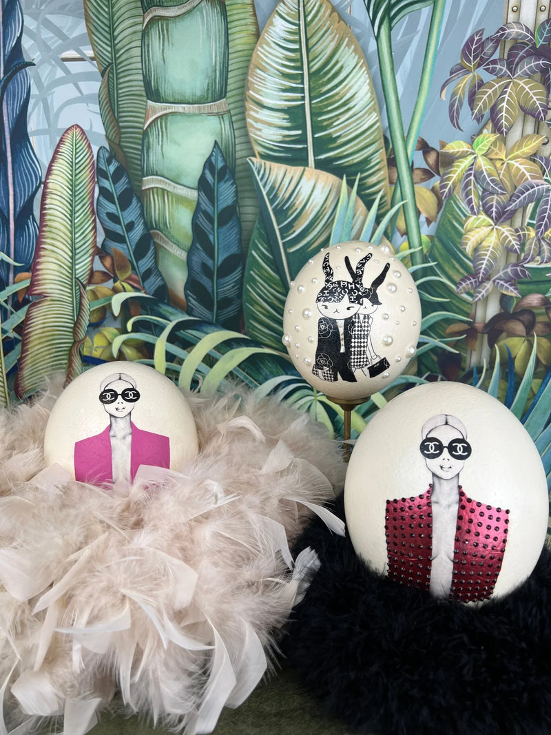 Hand painted ostrich egg Coco Leo and feather