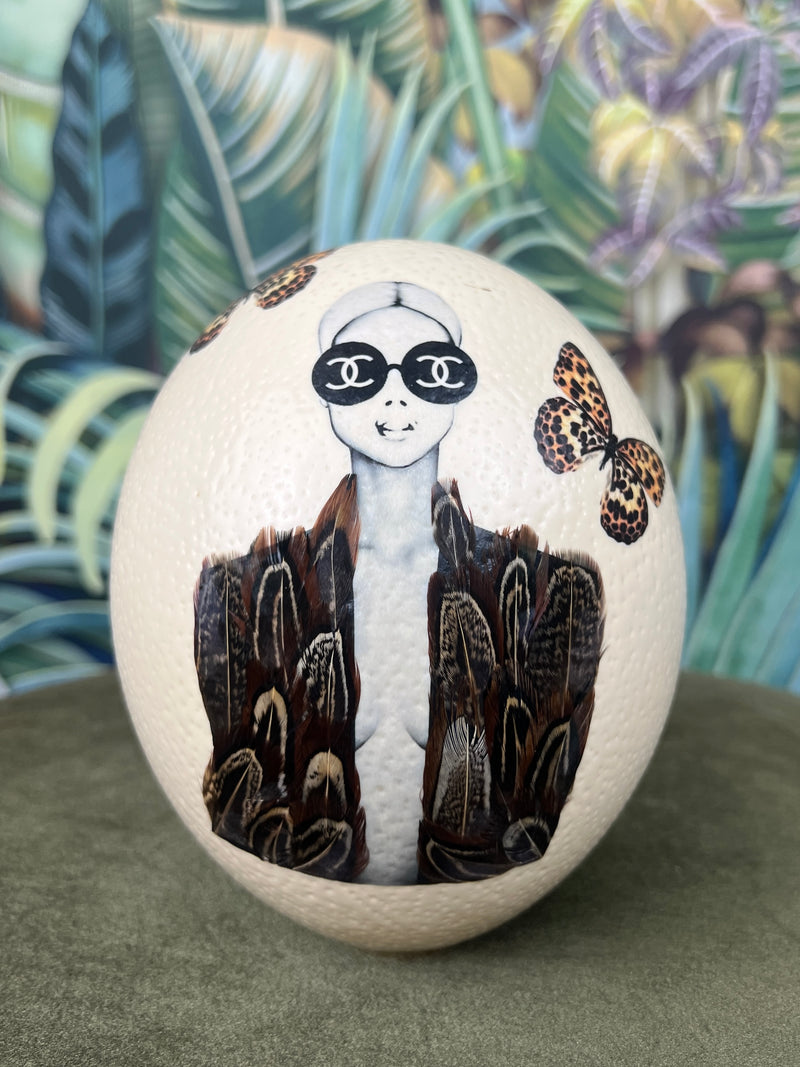Hand painted ostrich egg Coco Leo and feather