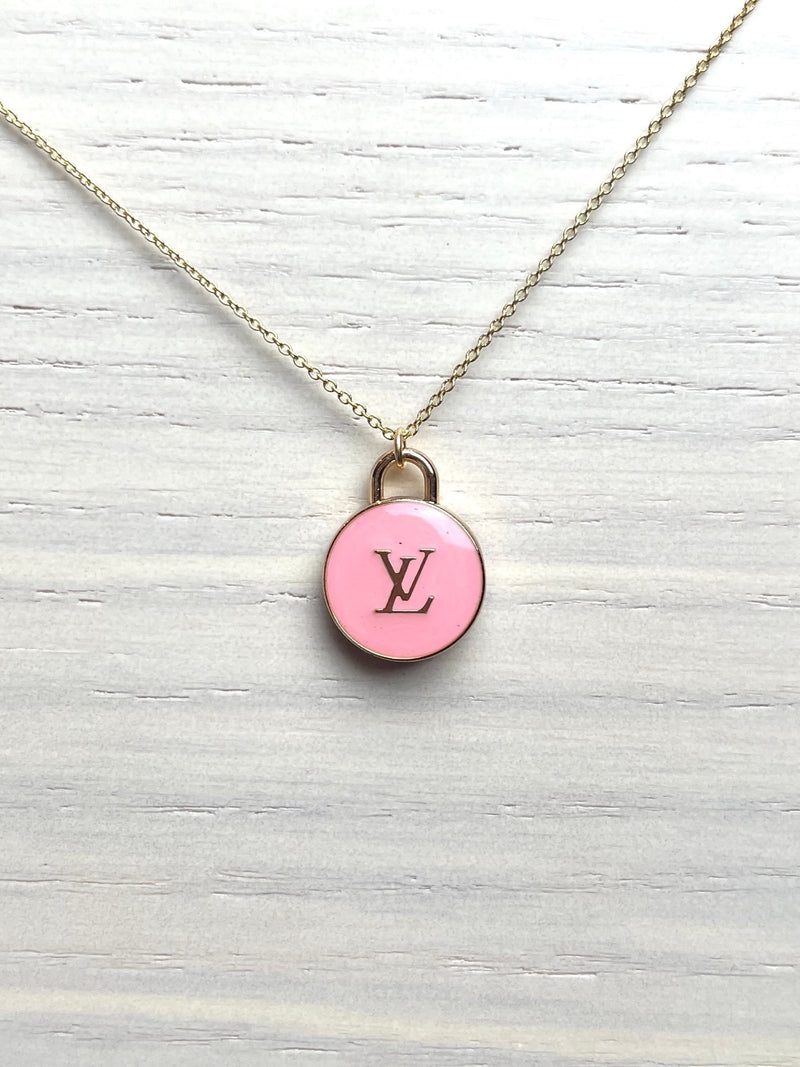 Repurposed LV Circle Logo Necklace Pink/Gold