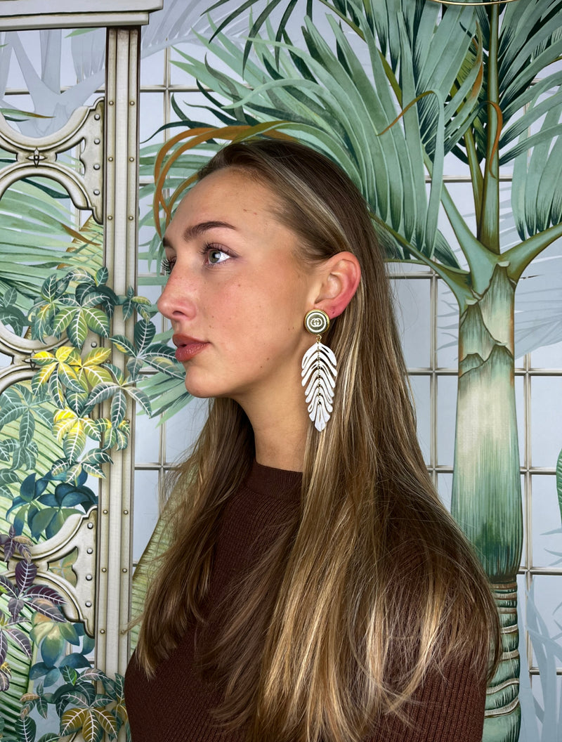Repurposed GG Long Feather Earrings White