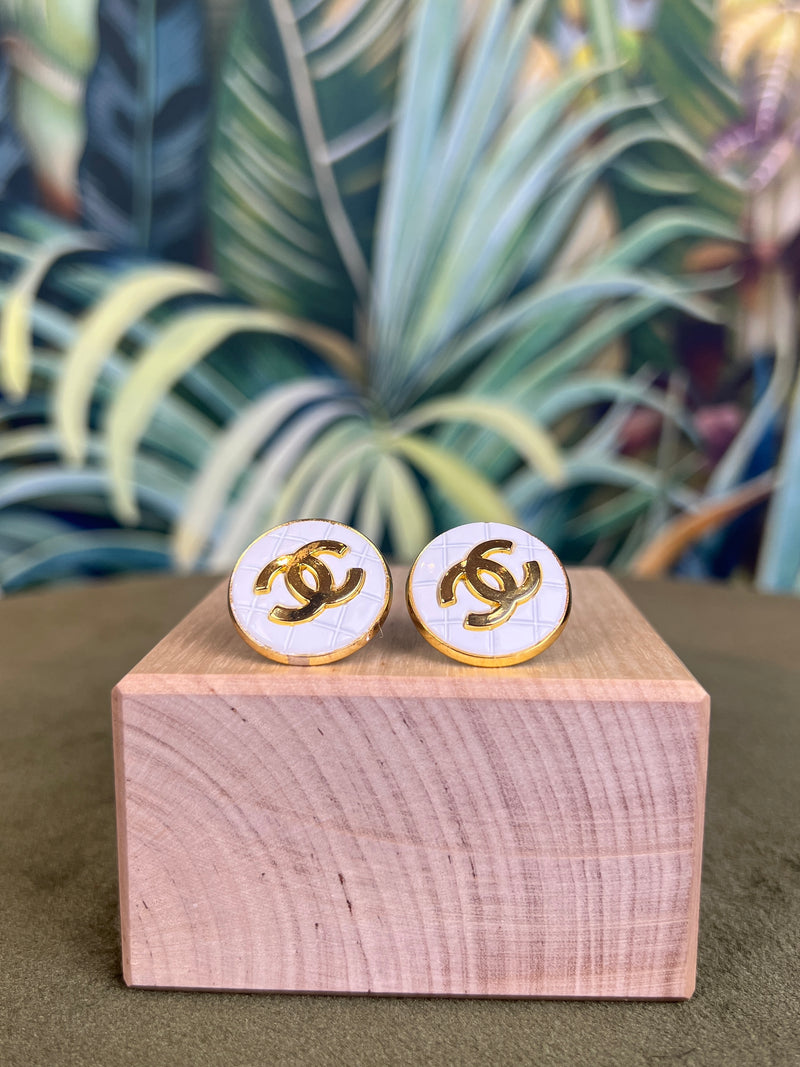 Repurposed CC Button quilted white/gold earrings