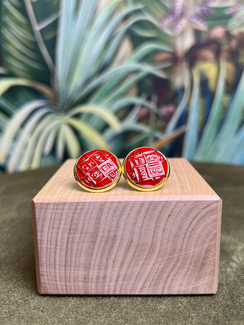 Repurposed CC Button Earrings Red/Gold