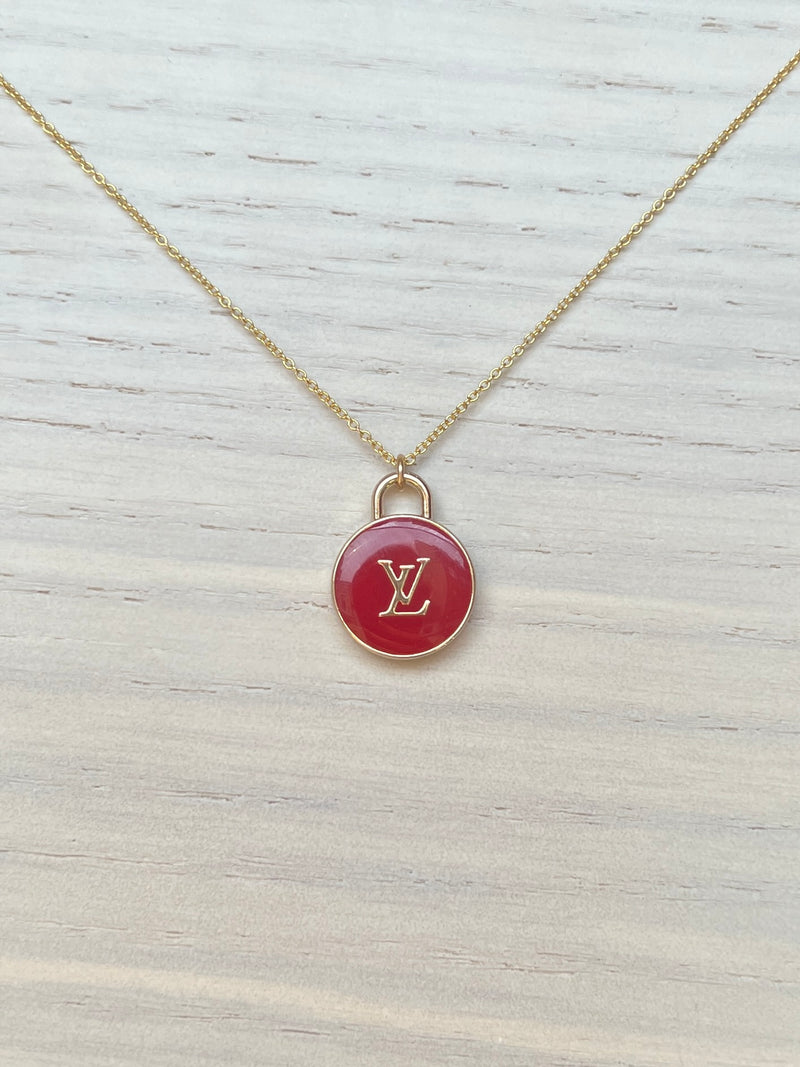 Repurposed LV Circle Logo Necklace Red/Gold
