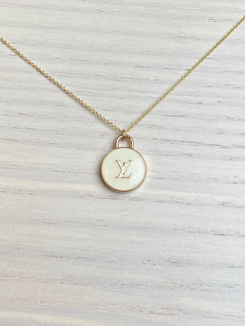 Repurposed LV Circle Logo Necklace White/Gold