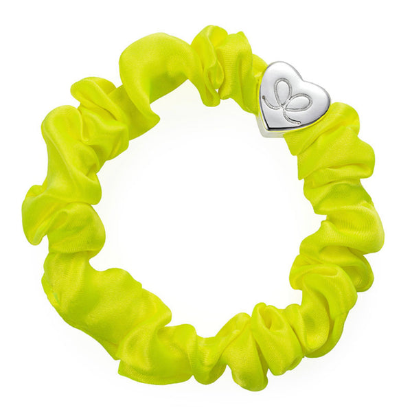 By Eloise Silver Heart Silk Scrunchie Lemon Yellow