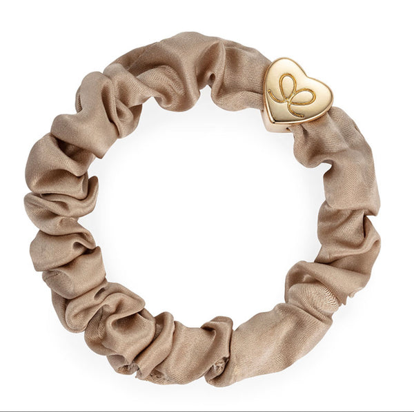 By Eloise Gold Heart Silk Scrunchie  Sand