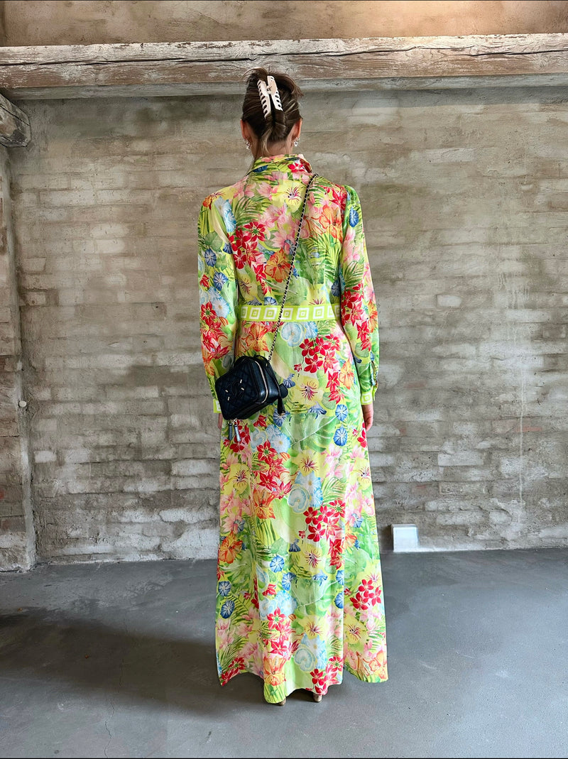 ABUNDANT BLOOMS SILK MAXI SHIRT DRESS CHARTREUSE