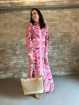 ABUNDANT Pink SILK MAXI SHIRT DRESS CHARTREUSE
